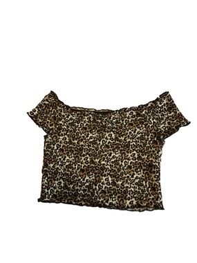 Kendall & Kylie Leopard Off-Shoulder Cropped Top - Brown/Cream